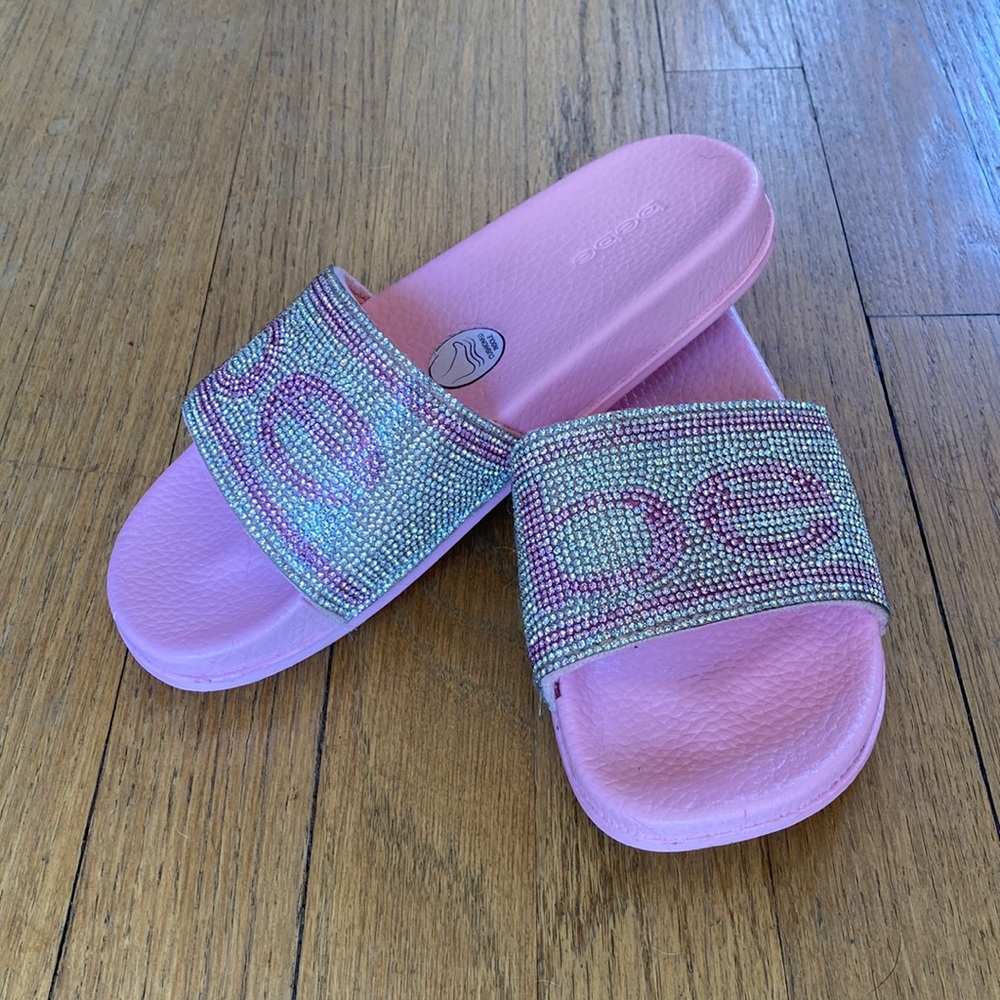 BeBe pink rhinestone slides  great condition.